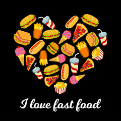 Set of fast food icons in heart shape. Stock vector template, easy to use.