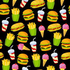 Fast food pattern on a black background. Endless texture for wallpaper, fill,  web page background, surface texture.