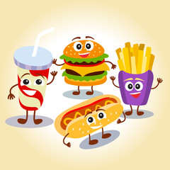 Funny, cute fast food hamburger,  french fries, lemonade, hot dog with smiling human face. Stock vector template, easy to use. Stock vector template, easy to use.