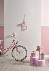modern home design decorative bicycle and white and pink room
