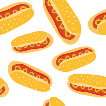 Vector Seamless Pattern With Hot Dog. Texture For Wallpaper, Fills, Web Page Background.