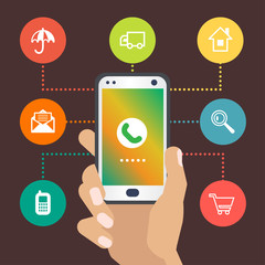 Hand holding a smart phone with circular icons. Vector illustration for your cute design.
