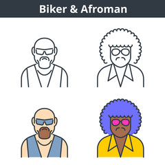 Flat and linear vector avatar set: biker and afroman. Gangster and street gang member outline human userpic collection. Colorful thin line face icons: afro american gangsta and motobike rider.