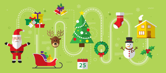 Set of christmas icons in internet banner in vector illustration. Icon of bell, stocking, christmas tree, reindeer, present, Santa Claus, snowman. Template for internet and business.