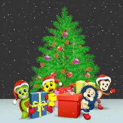 Obraz na płótnie Canvas Animals with presents and Christmas tree