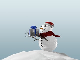 3d illustration of Snowman best friends party for Christmas, joy and happiness giving presents