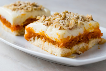 Turkish Muhallebi Pudding with Pumpkin, Ladyfinger (Savayer) and Nuts
