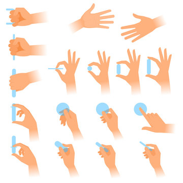 The gestures of human hands with objects. Flat illustration set of various postures hands holding blanks in a different situations. Vector design elements isolated on white background.
