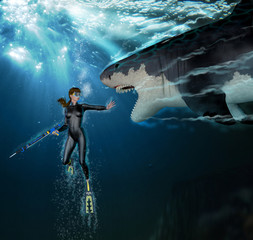Shark Attack Female Scuba Diver - obrazy, fototapety, plakaty