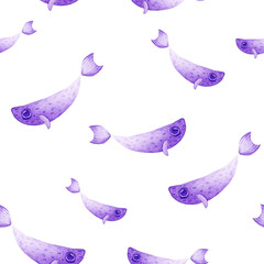 Watercolor fish pattern. Ultra violet and gold colors. For children design, print or background