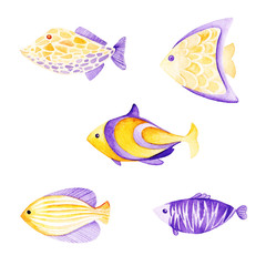 Watercolor fish set. Ultra violet and gold colors. For children design, print or background