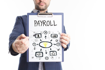 The concept of business, technology, the Internet and the network. A young businessman shows a successful scheme of work: Payroll