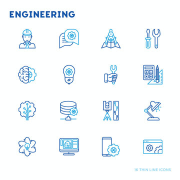Engineering thin line icons: engineer, electrinocs, calculations, tools, repair, idea, it server. Modern vector illustration.