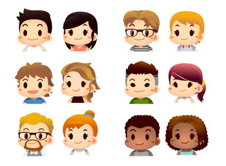 Vector set of male and female characters in different race, nation isolated on white background.