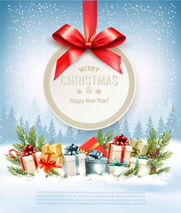 Fototapeta na wymiar Merry Christmas Holiday Background with branches of tree and colorful gift boxes. Vector