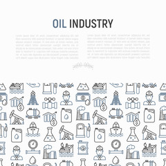 Oil industry concept with thin line icons: gas, petroleum, diesel,  truck, tanker, ship, refinery, barrel. Modern vector illustration, web page template.