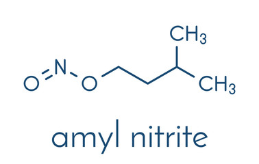 Amyl nitrite popper drug molecule. Also used as antidote to cyanide poisoning. Skeletal formula.
