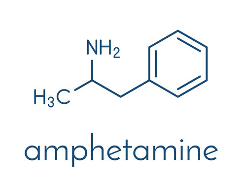 Amfetamine (amphetamine, speed) stimulant drug molecule. Skeletal formula.