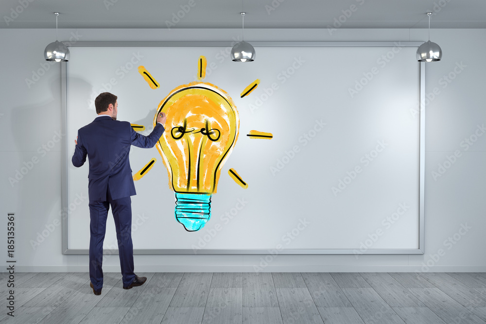 Poster businessman drawing lightbulb sketch on a board 3d rendering