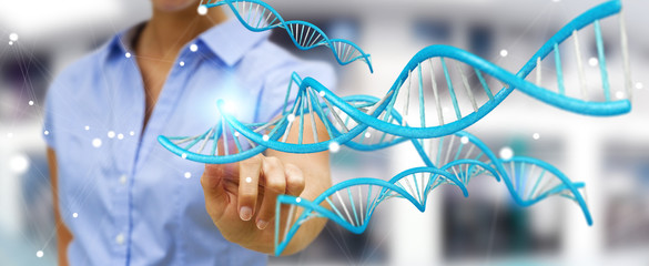 Businesswoman using modern DNA structure 3D rendering