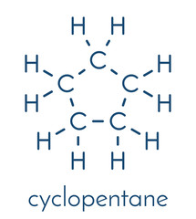 Cyclopentane cycloalkane molecule. Used in refrigerators and freezers and for many other purposes. Skeletal formula.