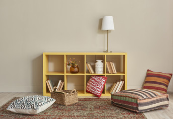 room concept book collection and yellow bookshelf with pillows style interior
