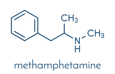 Methamphetamine (crystal meth, methamfetamine) stimulant drug molecule. Skeletal formula.