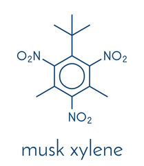 Musk xylene molecule. Highly persistent and bioaccumulative pollutant used as a synthetic musk fragrance. Skeletal formula.