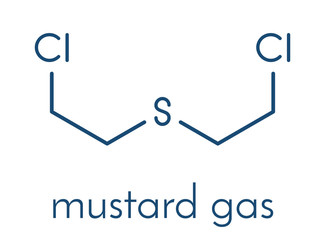 Sulfur mustard or bis(2-chloroethyl) sulfide molecule. Also known as Yperite and used in chemical weapons. Skeletal formula.