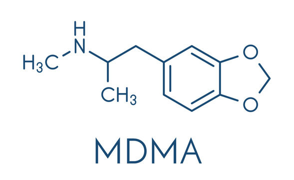 MDMA (XTC, E, ecstasy) party drug molecule. Full chemical name is 3,4-methylenedioxymethamphetamine. Skeletal formula.