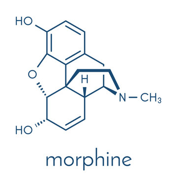 Morphine pain drug molecule. Highly addictive. Isolated from opium poppy (papaver somniferum). Skeletal formula.