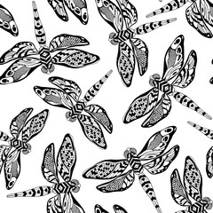 Seamless pattern with hand drawn dragonflies.