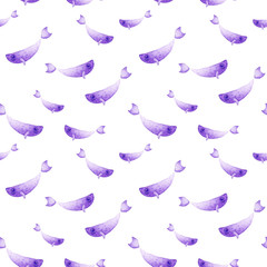 Watercolor fish pattern. Ultra violet and gold colors. For children design, print or background