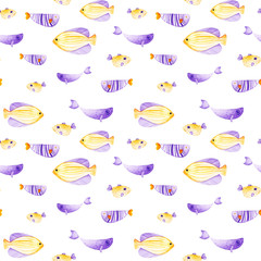 Watercolor different fish pattern. Ultra violet and gold colors. For children design, print or background