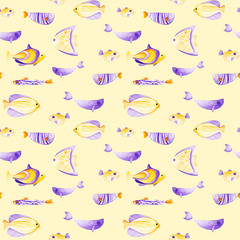 Watercolor different fish pattern. Ultra violet and gold colors. For children design, print or background