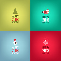 Happy New Year cards design. Set of cards, banners in minimalistic style. Santa Claus, snowflakes, snowman, christmas tree. Vector illustration.