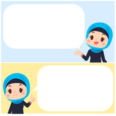 Vector set of cute Arab women with message board, speech bubbles, blank template for your text.