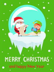 Happy New Year Merry Xmas Postcard Santa and Elf