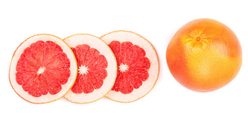 Grapefruit and slices isolated on white background. Top view. Flat lay pattern