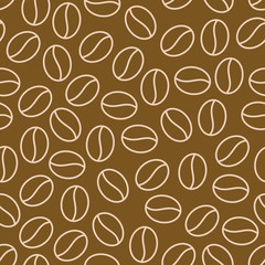 Coffee beans seamless pattern, vector background. Repeated dark brown texture for cafe menu, shop wrapping paper. Flat line icons.