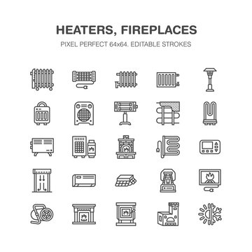 Oil heater, fireplace, convector, panel column radiator and other house heating appliances line icons. Home warming thin linear pictogram. Equipment store signs. Pixel perfect 64x64.