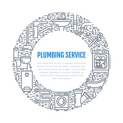 Plumbing service blue banner illustration. Vector line icon of house bathroom equipment, faucet, toilet, pipeline, washing machine, water boiler. Plumber repair circle template with place for text.
