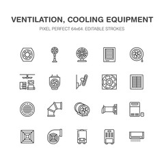 Ventilation equipment flat line icons. Air conditioning, cooling appliances, exhaust fan. Household and industrial ventilator thin linear signs for store. Pixel perfect 64x64.