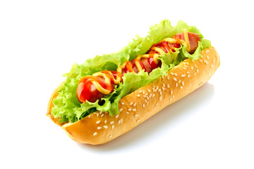 Homemade hot dog on white