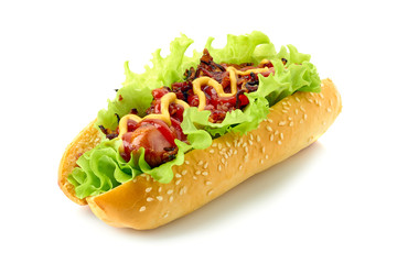 Homemade hot dog on white