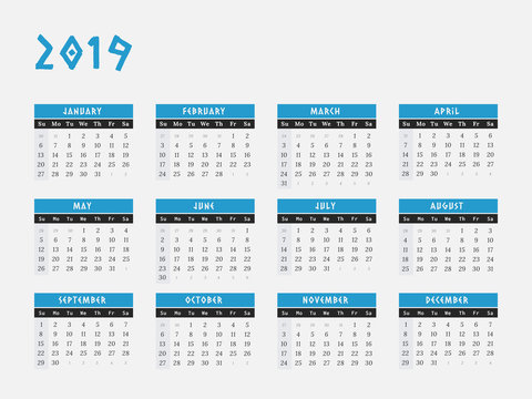 2019 Year Calendar horizontal design