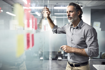 Businessman looking at adhesive notes on window in office