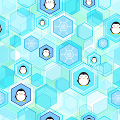 Seamless vector background, cute penguin and snowflake on honeycomb background.