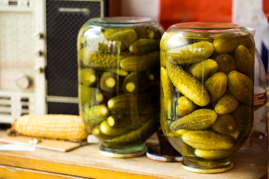 Homemade pickled cucumbers in jar. Pickles in a jar