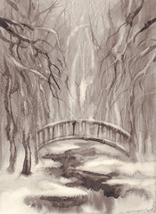 winter landscape with a bridge watercolor